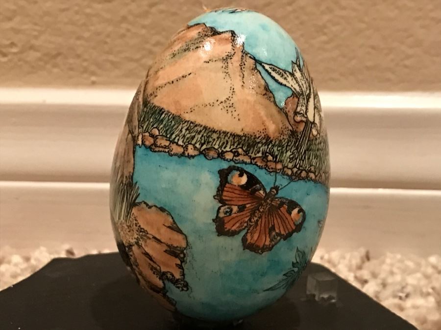 JUST ADDED - Detailed Hand Painted Egg With Rabbit And Butterfly Within Dome Glass Display - See Photos [Photo 5]