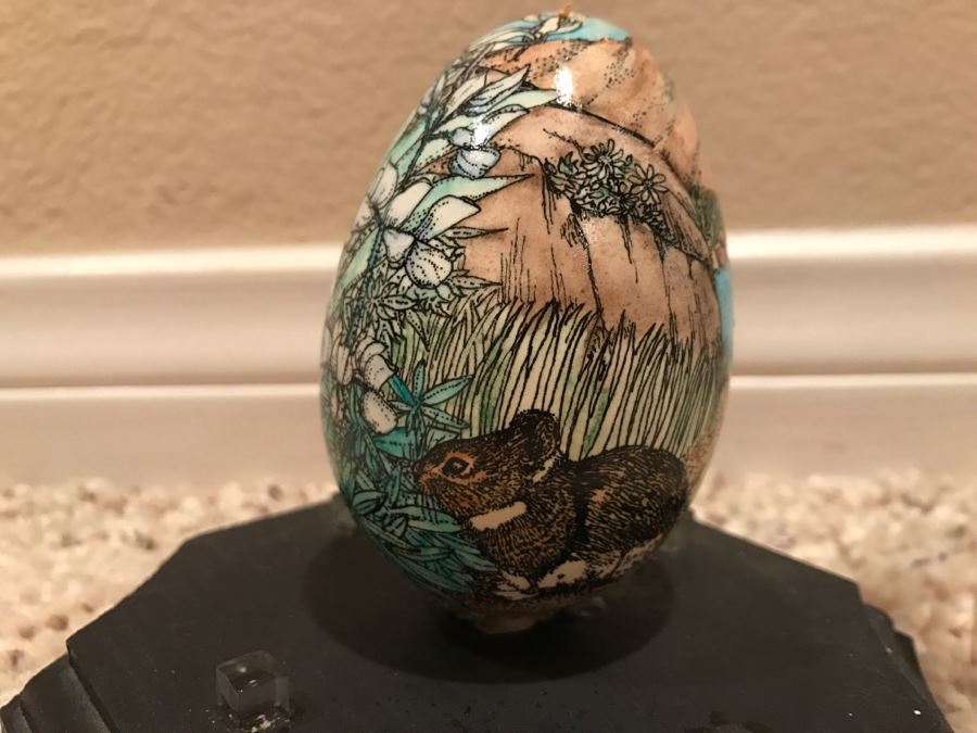 JUST ADDED - Detailed Hand Painted Egg With Rabbit And Butterfly Within Dome Glass Display - See Photos [Photo 3]