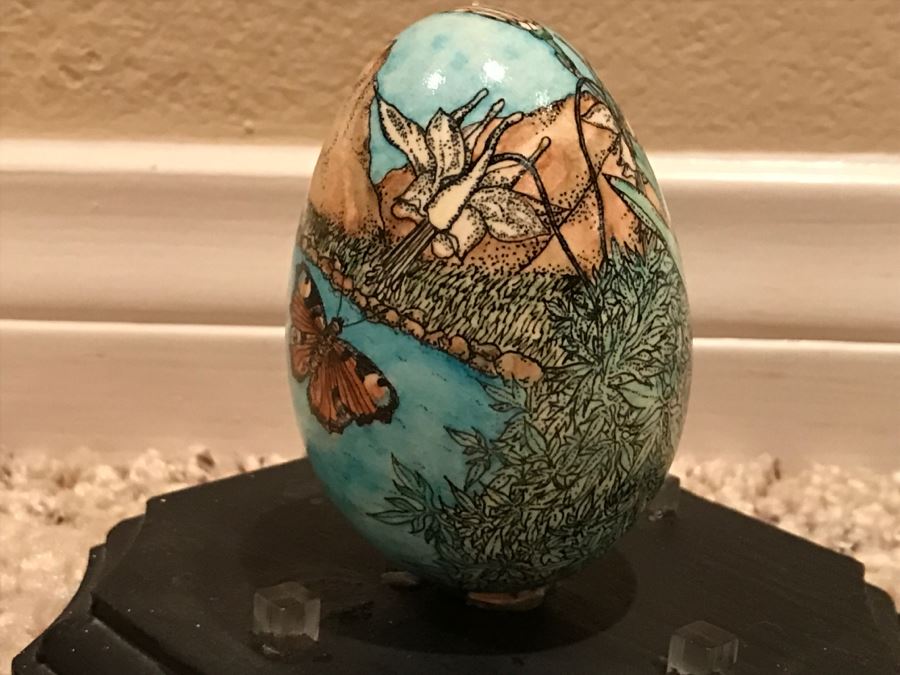 JUST ADDED - Detailed Hand Painted Egg With Rabbit And Butterfly Within Dome Glass Display - See Photos [Photo 8]