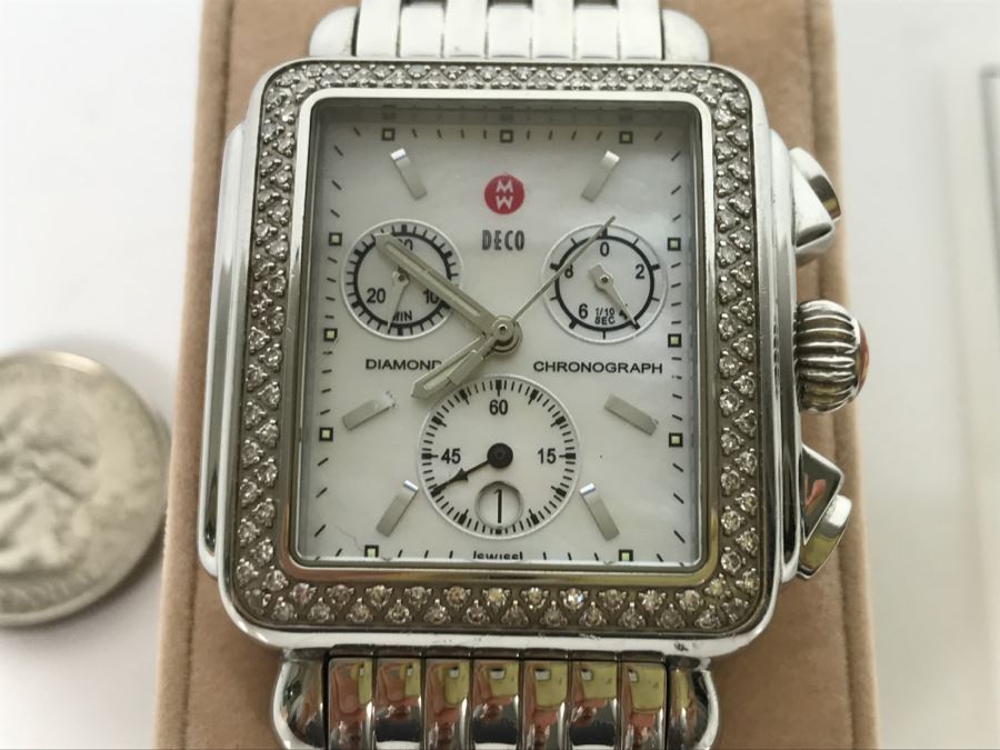 MICHELE Luxury Diamond DECO Chronograph Ladies Watch 71-6000 108 Individually Set White Diamonds 0.6 Carot TW Retails $1,495 [Photo 1]