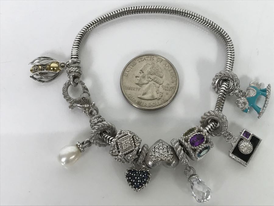 Judith Ripka Sterling Silver Charm Bracelet 38.5g With Box