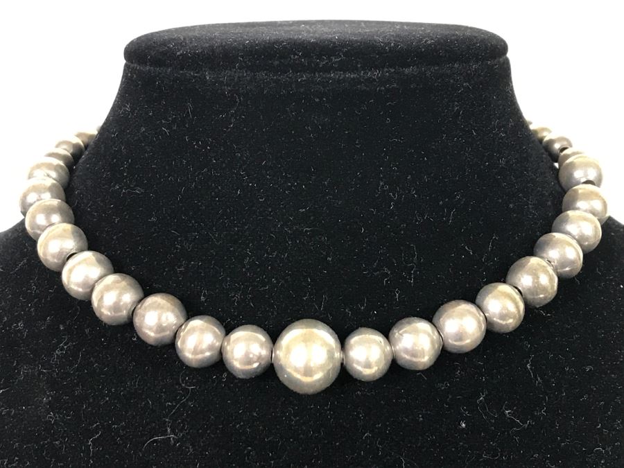 Sterling Silver Graduated Bead Choker Necklace 26.3g [Photo 9]