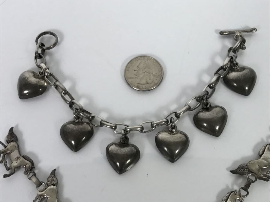 Pair Of Sterling Silver Charm Bracelets One With Hearts, One With Horses 64.7g [Photo 5]