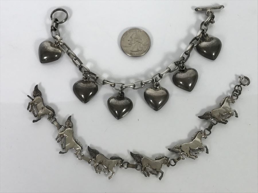 Pair Of Sterling Silver Charm Bracelets One With Hearts, One With Horses 64.7g [Photo 1]