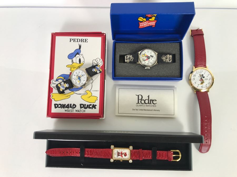Collection Of (4) Character Watches: Donald Duck Pedre, Mickey Mouse Pedre, Minnie Mouse Pedre And Lorus Minnie Mouse Watch [Photo 1]