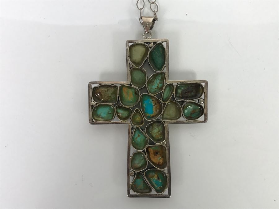 Sterling Silver And Turquoise Cross Pendant And Sterling Silver Chain 61.8g [Photo 9]
