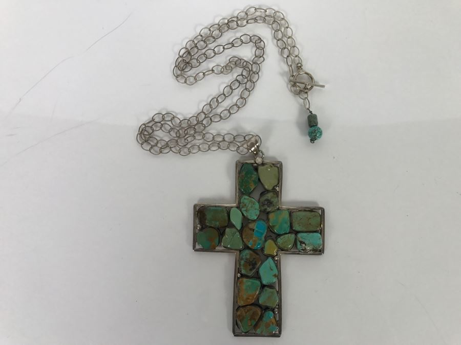 Sterling Silver And Turquoise Cross Pendant And Sterling Silver Chain 61.8g [Photo 3]