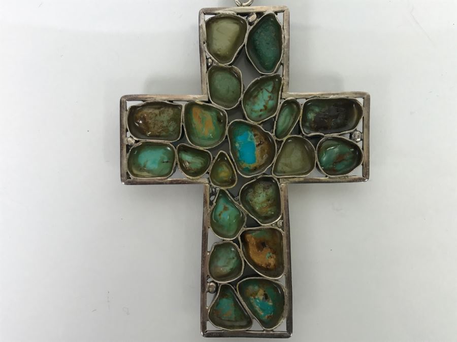 Sterling Silver And Turquoise Cross Pendant And Sterling Silver Chain 61.8g [Photo 10]