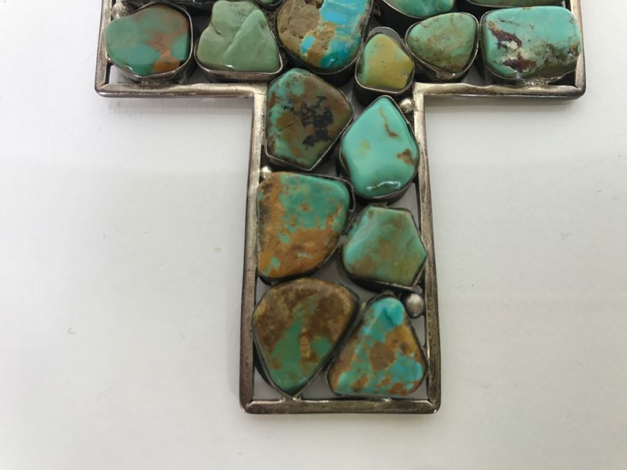 Sterling Silver And Turquoise Cross Pendant And Sterling Silver Chain 61.8g [Photo 7]
