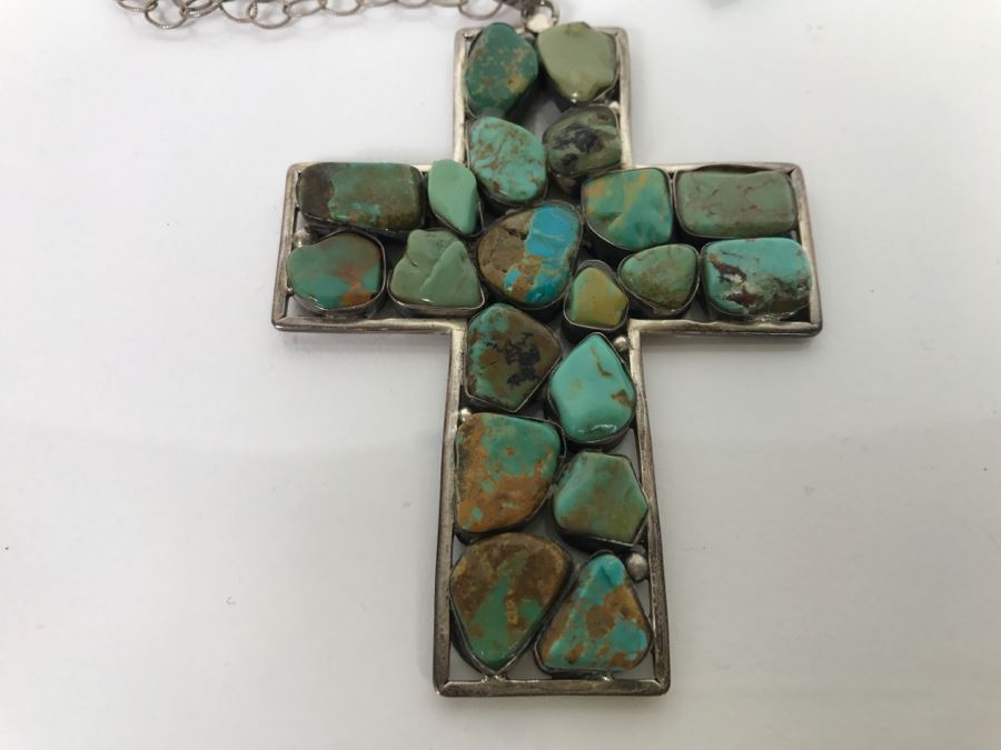 Sterling Silver And Turquoise Cross Pendant And Sterling Silver Chain 61.8g [Photo 5]
