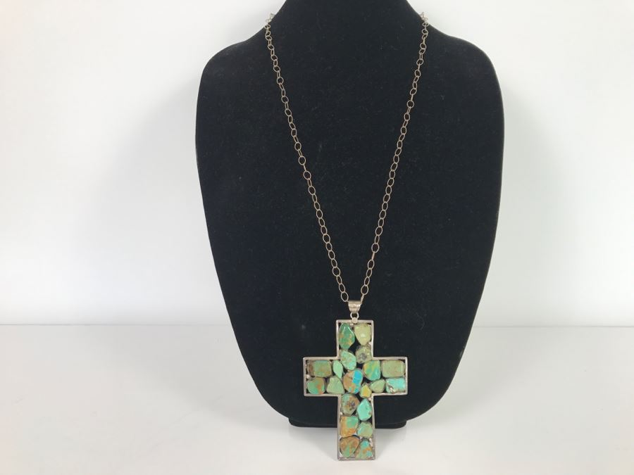 Sterling Silver And Turquoise Cross Pendant And Sterling Silver Chain 61.8g [Photo 2]