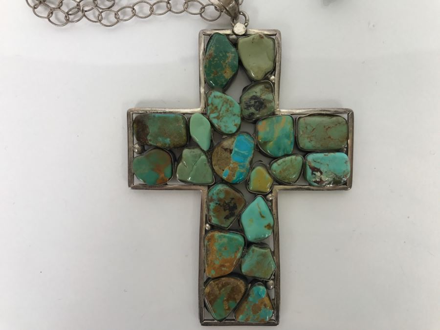 Sterling Silver And Turquoise Cross Pendant And Sterling Silver Chain 61.8g [Photo 4]