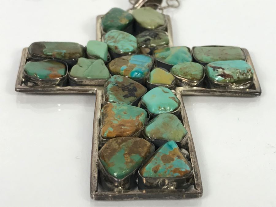 Sterling Silver And Turquoise Cross Pendant And Sterling Silver Chain 61.8g [Photo 13]