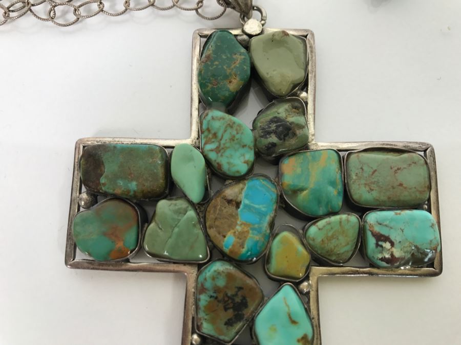 Sterling Silver And Turquoise Cross Pendant And Sterling Silver Chain 61.8g [Photo 6]