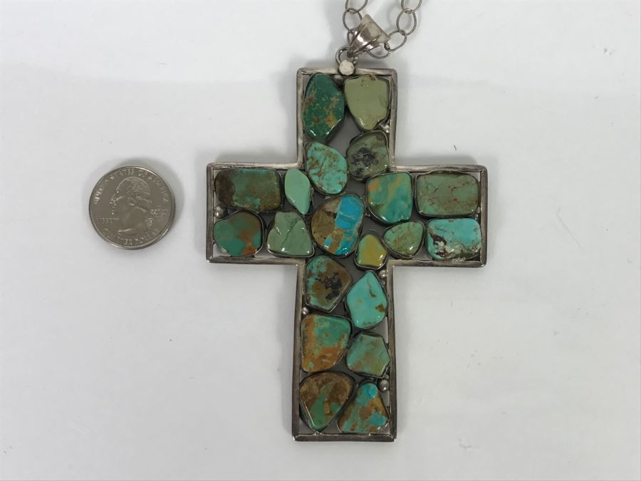 Sterling Silver And Turquoise Cross Pendant And Sterling Silver Chain 61.8g [Photo 14]