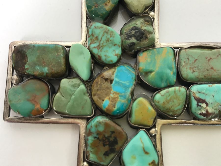 Sterling Silver And Turquoise Cross Pendant And Sterling Silver Chain 61.8g [Photo 8]