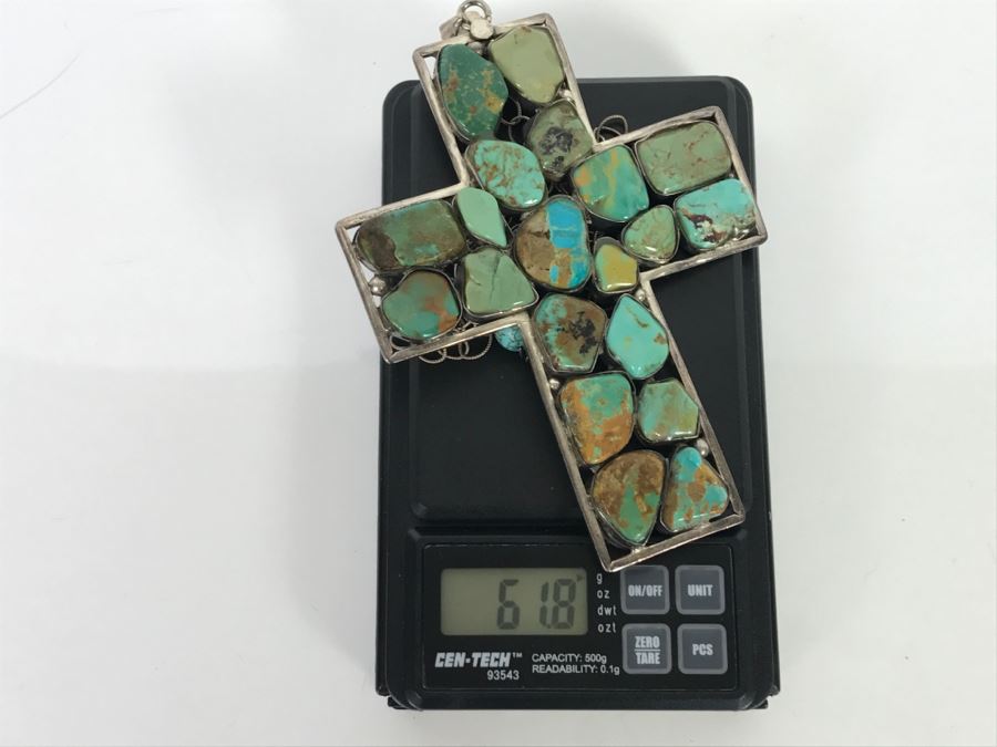 Sterling Silver And Turquoise Cross Pendant And Sterling Silver Chain 61.8g [Photo 15]