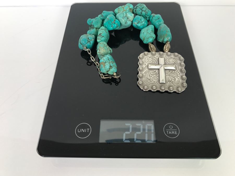 Silver Tone Cross Pendant And Turquoise Chain 220g [Photo 7]