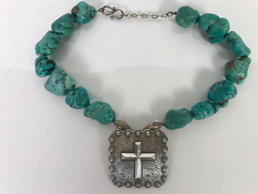Silver Tone Cross Pendant And Turquoise Chain 220g [Photo 5]