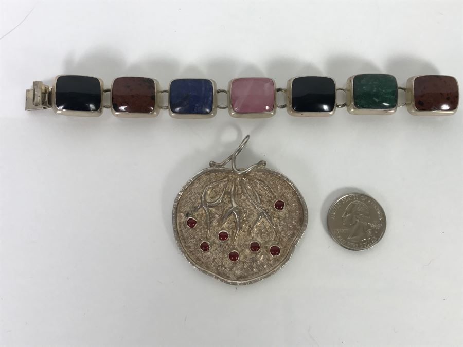 Sterling Silver Pendant And Sterling Silver Bracelet With Multiple Colored Stones 78.7g TW [Photo 2]