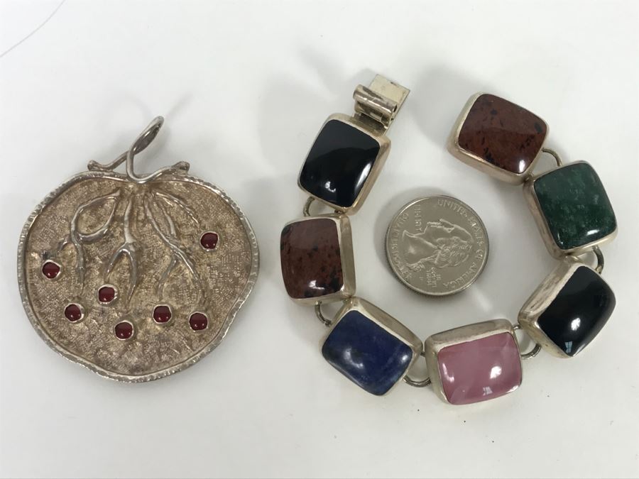 Sterling Silver Pendant And Sterling Silver Bracelet With Multiple Colored Stones 78.7g TW [Photo 1]