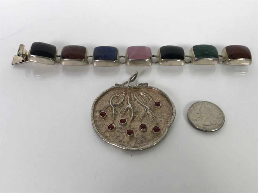 Sterling Silver Pendant And Sterling Silver Bracelet With Multiple Colored Stones 78.7g TW [Photo 3]