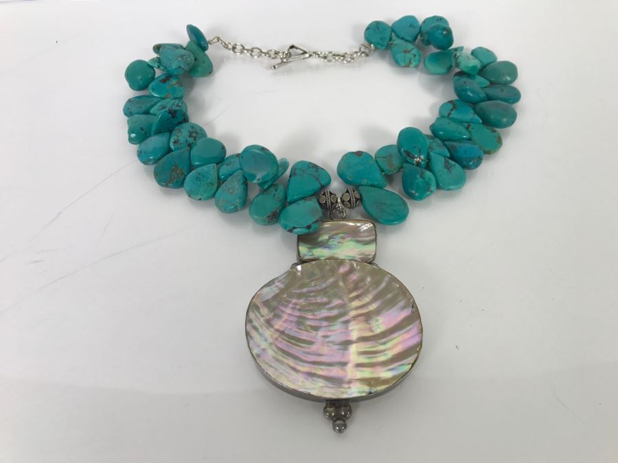 Chunky Turquoise Necklace With Shell Pendant 127g [Photo 7]