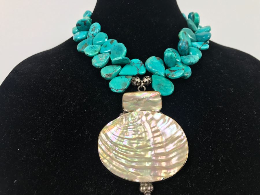 Chunky Turquoise Necklace With Shell Pendant 127g [Photo 5]