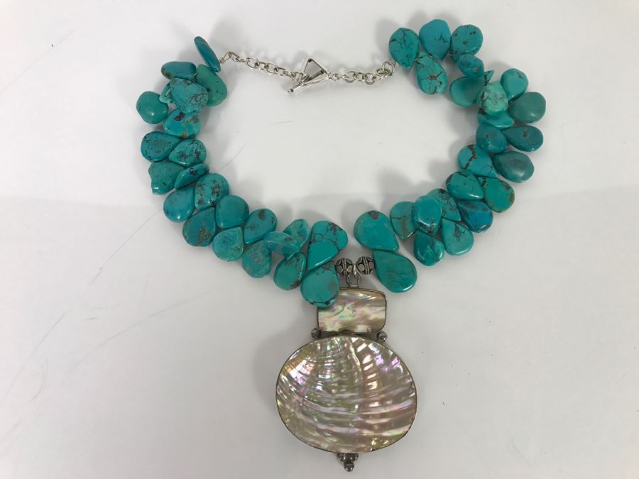 Chunky Turquoise Necklace With Shell Pendant 127g [Photo 11]