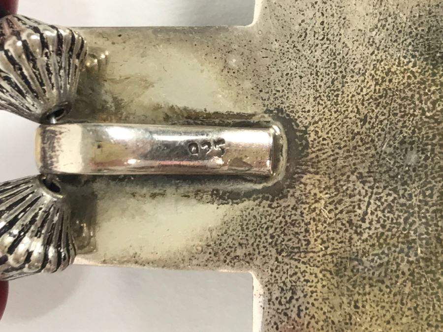 Sterling Silver And Red Coral Cross Pendant With Chain 62g [Photo 12]