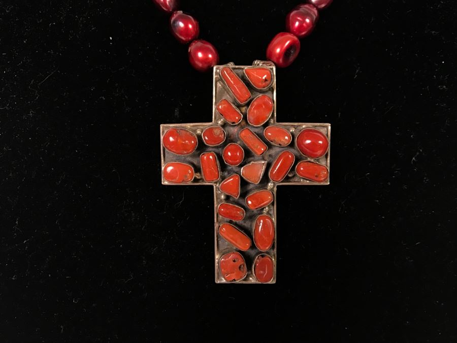 Sterling Silver And Red Coral Cross Pendant With Chain 62g [Photo 2]