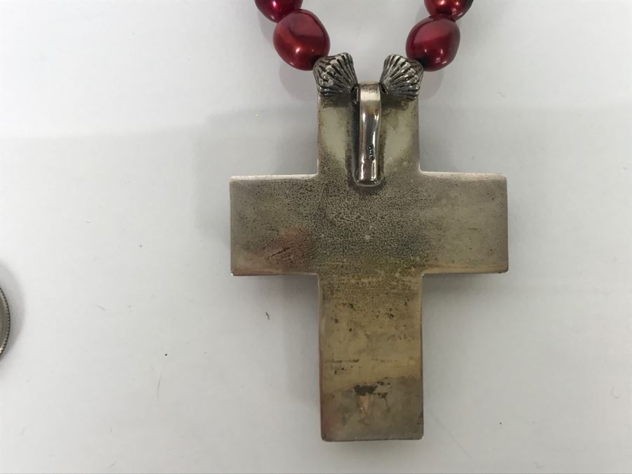 Sterling Silver And Red Coral Cross Pendant With Chain 62g [Photo 11]