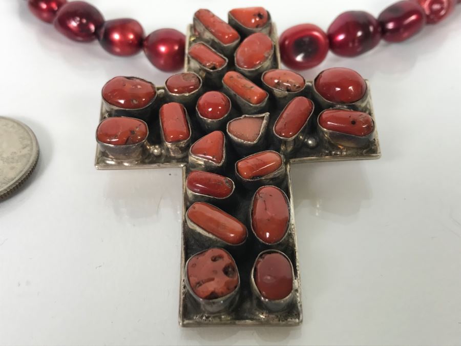 Sterling Silver And Red Coral Cross Pendant With Chain 62g [Photo 7]
