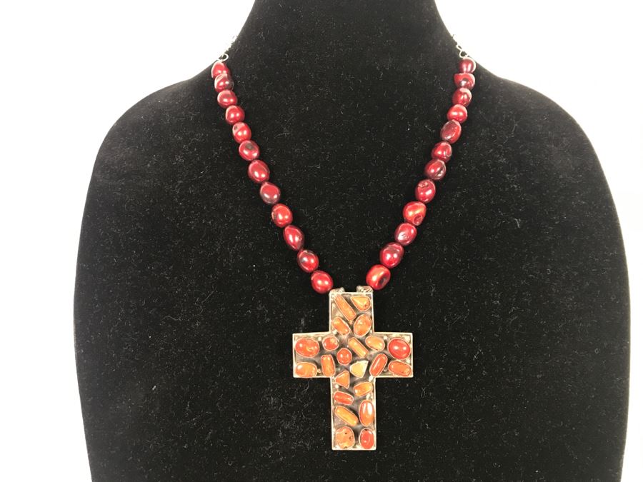 Sterling Silver And Red Coral Cross Pendant With Chain 62g [Photo 3]