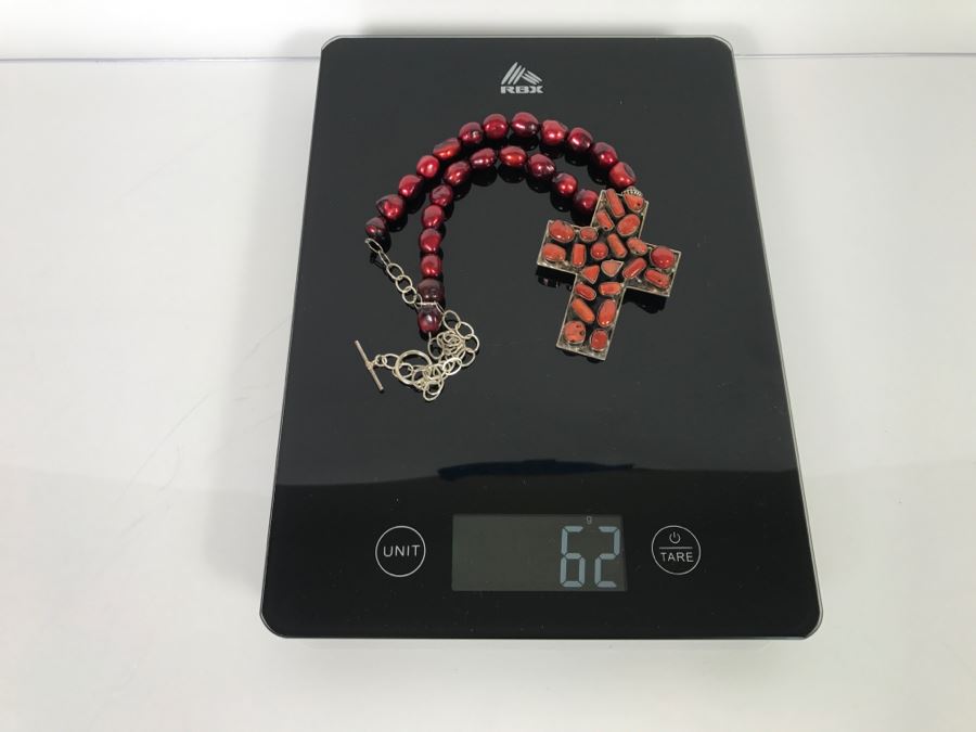 Sterling Silver And Red Coral Cross Pendant With Chain 62g [Photo 13]