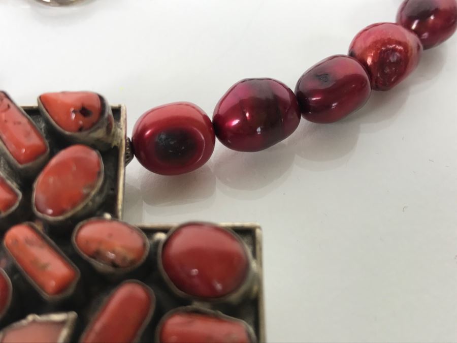 Sterling Silver And Red Coral Cross Pendant With Chain 62g [Photo 9]