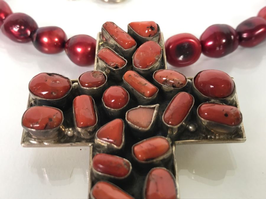 Sterling Silver And Red Coral Cross Pendant With Chain 62g [Photo 8]