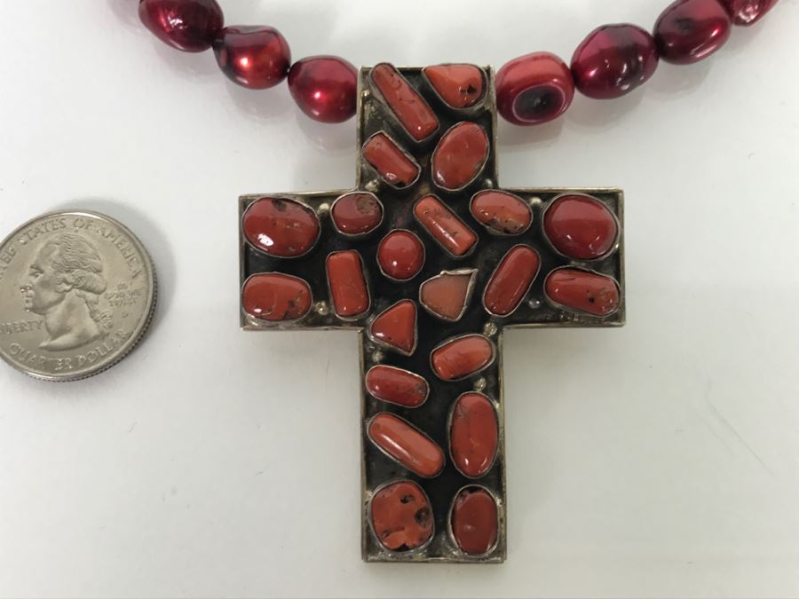 Sterling Silver And Red Coral Cross Pendant With Chain 62g [Photo 6]