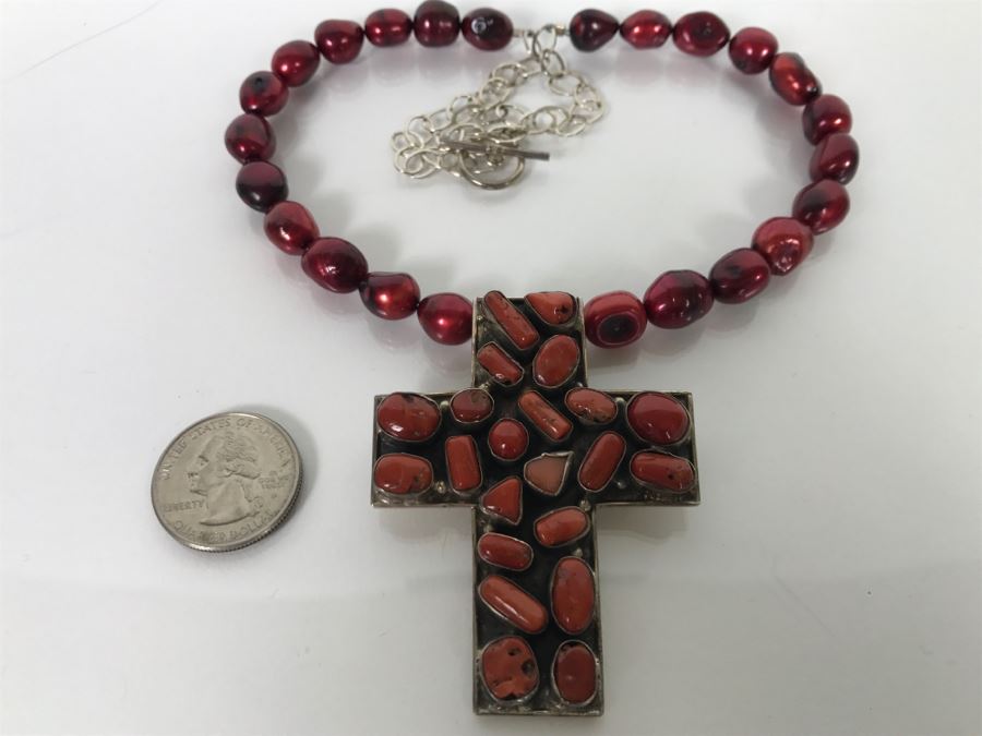 Sterling Silver And Red Coral Cross Pendant With Chain 62g [Photo 5]