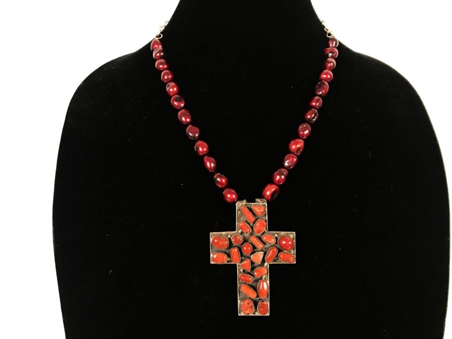 Sterling Silver And Red Coral Cross Pendant With Chain 62g