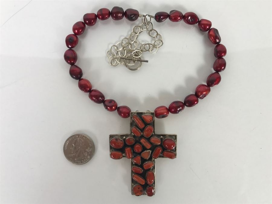 Sterling Silver And Red Coral Cross Pendant With Chain 62g [Photo 4]