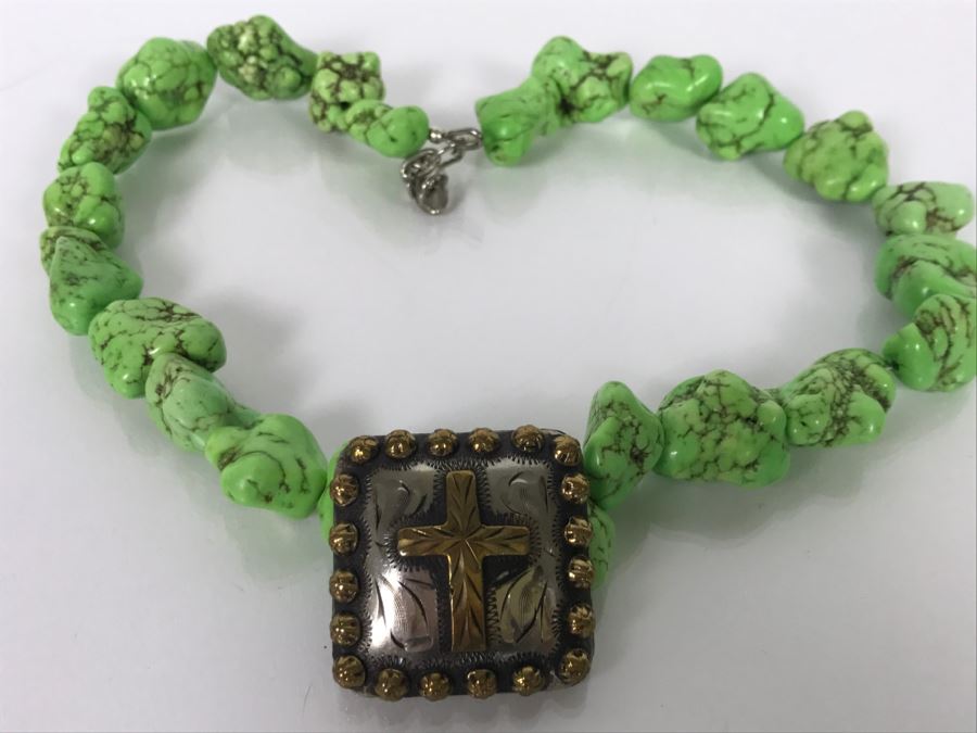 Silverplate Cross Pendant Signed HWG With Lime Green Stone Necklace [Photo 5]