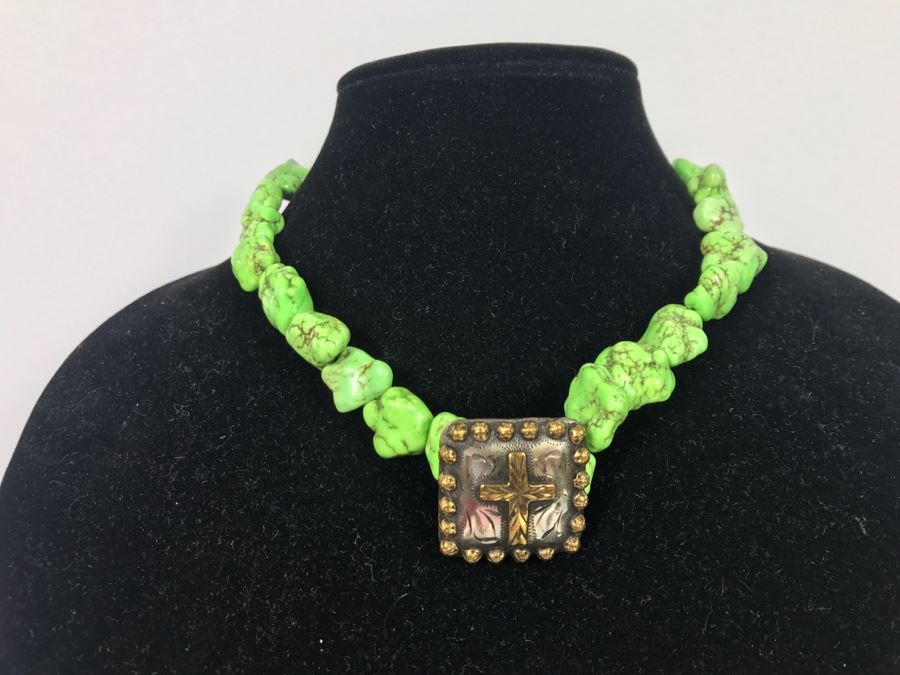 Silverplate Cross Pendant Signed HWG With Lime Green Stone Necklace [Photo 3]