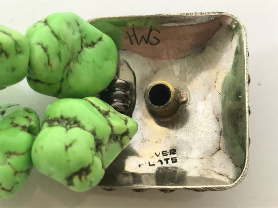 Silverplate Cross Pendant Signed HWG With Lime Green Stone Necklace [Photo 8]