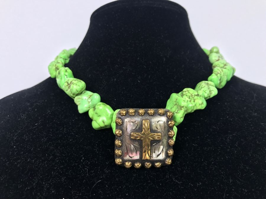 Silverplate Cross Pendant Signed HWG With Lime Green Stone Necklace [Photo 2]