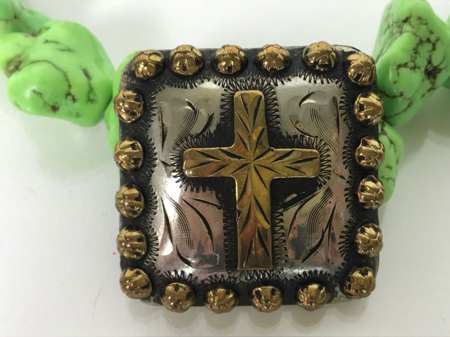 Silverplate Cross Pendant Signed HWG With Lime Green Stone Necklace [Photo 6]