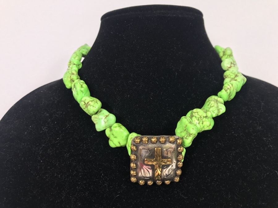 Silverplate Cross Pendant Signed HWG With Lime Green Stone Necklace [Photo 1]