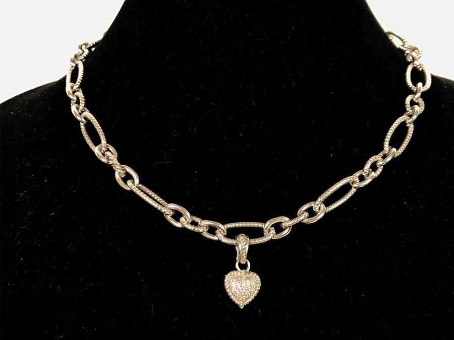 Judith Ripka Sterling Silver Heart Pendant With Chunky Sterling Silver Chain 55.3g [Photo 3]