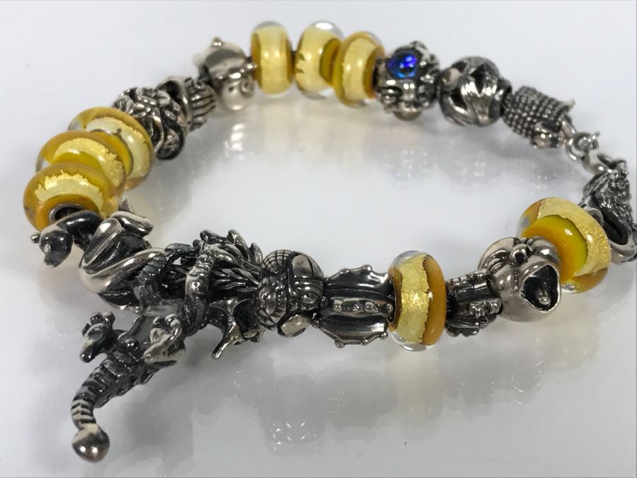 Sterling Silver Charm Bracelet With Dragon Serpent 81.9g [Photo 12]