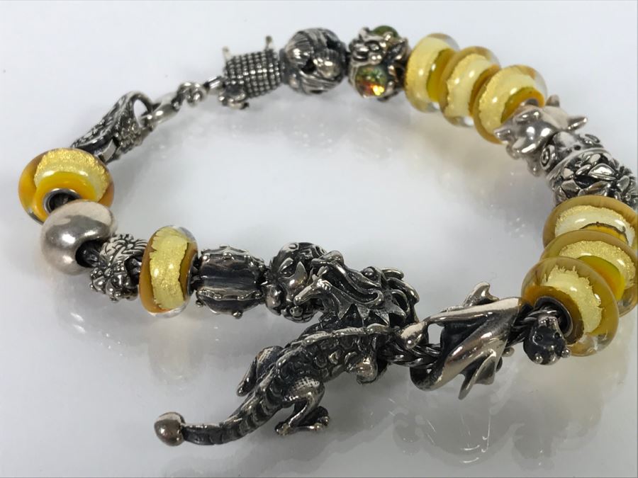 Sterling Silver Charm Bracelet With Dragon Serpent 81.9g